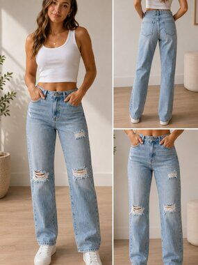 GARAGE Denim Vintage Straight Distressed Light Wash Jeans Sz 28 High Rise